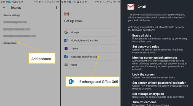 Fiók hozzáadása, Exchange és Office 365, Engedélyek képernyő Androidon