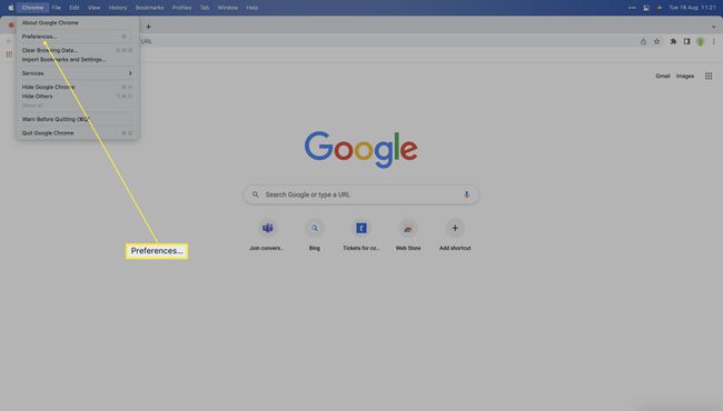 Google Chrome مع تمييز التفضيلات.