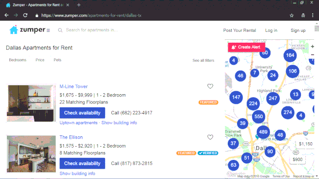 Zumper.com 아파트 찾기 사이트의 스크린샷.