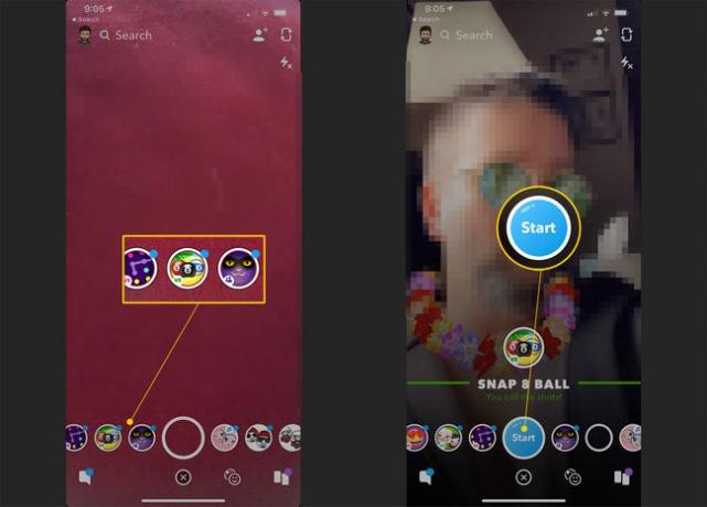 Snapchat iOS-näytöillä, joissa näkyvät napsautettavat sijainnit ja aloituspainike