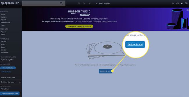 Przycisk Eksploruj i Dodaj na liście odtwarzania Amazon Music