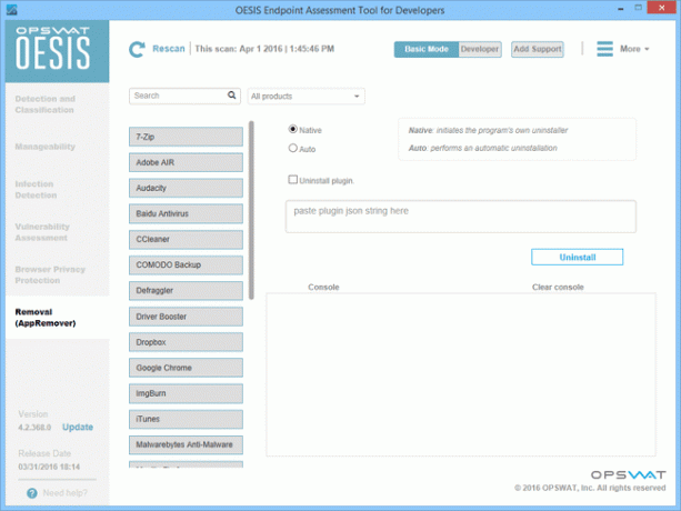 Modul odstranění v nástroji OESIS Endpoint Assessment