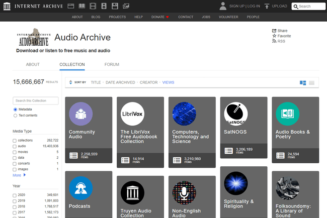 Екранна снимка на страницата на аудиоархив на Интернет архива