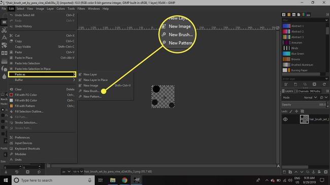 Een screenshot van GIMP met de opdracht " Plakken als nieuw penseel" gemarkeerd