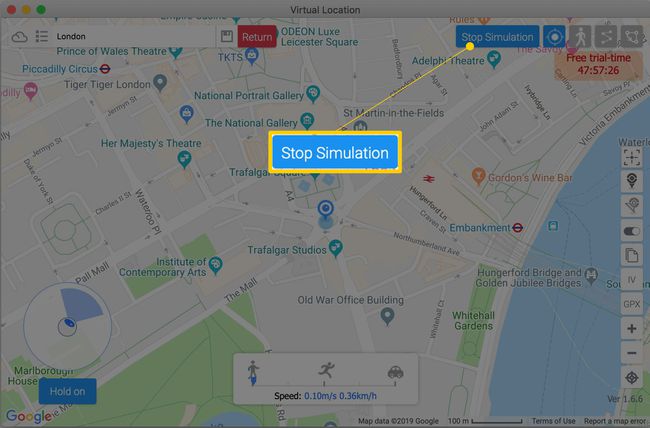 Butonul Stop Simulare din fereastra iTools Virtual Location