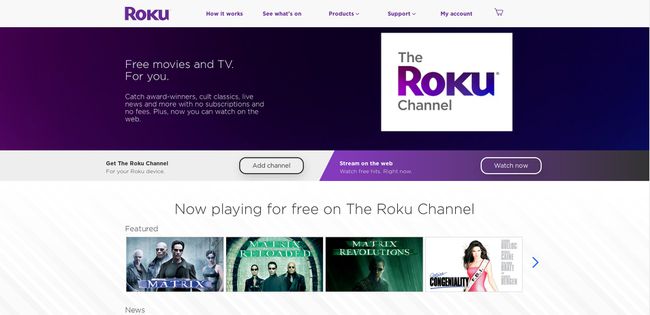 Página inicial do canal Roku