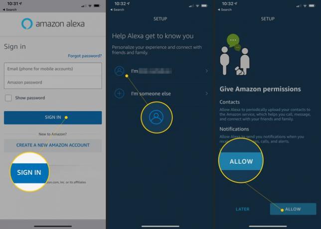 Amazon Alexa 설정 앱의 로그인, 계정 아이콘 및 허용 버튼