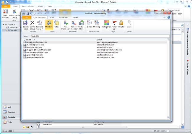 Kuvatakse Outlook 2010 kontaktirühma liikmed
