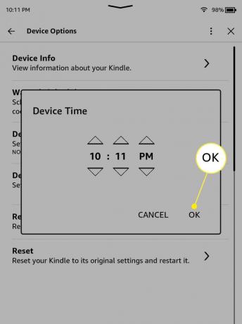 OK виділено в налаштуваннях часу Kindle