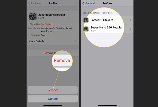 Setările profilului iPhone cu Eliminare evidențiate și profilul de configurare șters