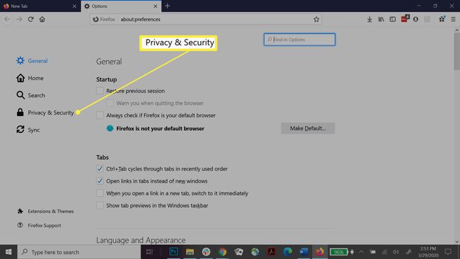 Configuración de seguridad y privacidad de Firefox.