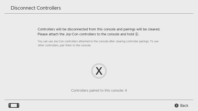 X destacado na tela de desconexão do controle do Nintendo Switch.