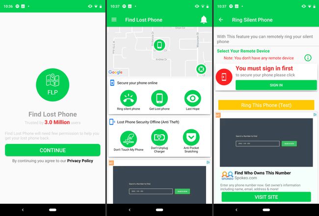 Τρεις οθόνες Android της εφαρμογής Find Lost Phone