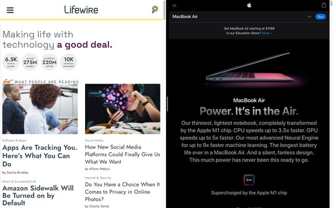 Разделение просмотра между домашними страницами Lifewire и Apple в Google Chrome для Mac.
