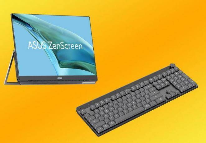 Asus ZenScreen -näyttö ja JLab Epic Mechanical Keyboard kelluvat oranssinkeltaisella taustalla.