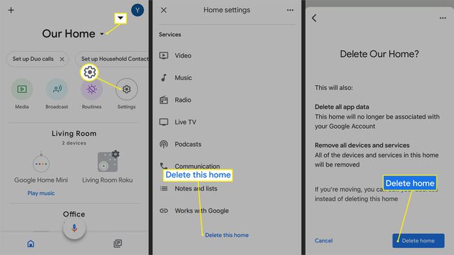 Trin til sletning af et helt hjem fra Google Home-appen