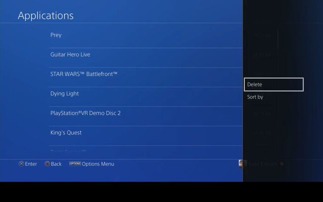 A opção Excluir no armazenamento PS4.