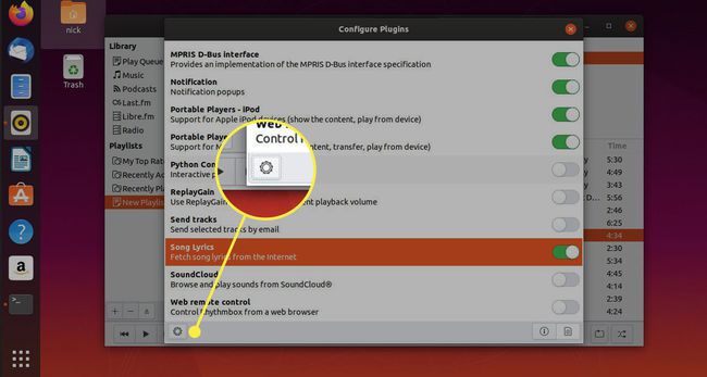 Скриншот плагинов Rhythmbox с выделенным механизмом настроек