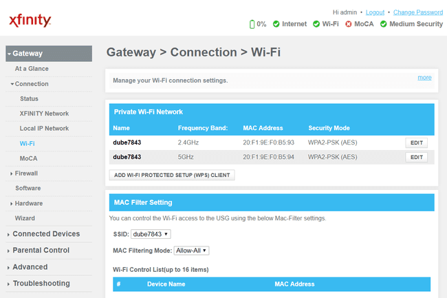 Captura de pantalla de la configuración de la conexión Wi-Fi en el enrutador