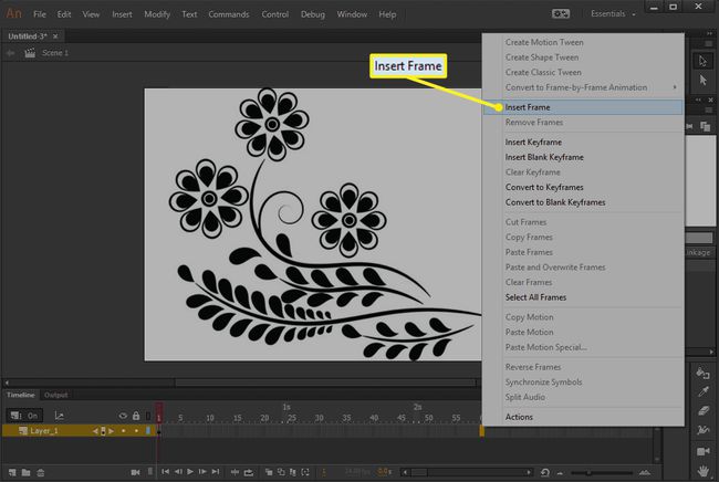 Çerçeve Ekle vurgulanmış olarak Adobe Animate CC