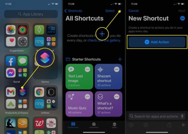 iOS14のShortcutsアプリで新しいショートカットを開始する方法を示すスクリーンショット。