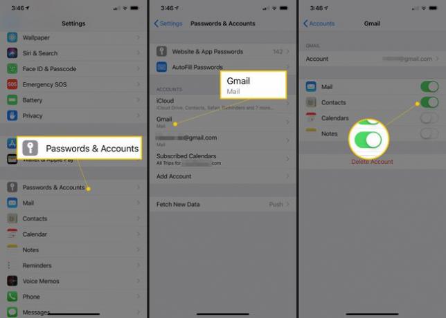 Trys „iOS“ ekranai, kuriuose rodomi slaptažodžiai ir paskyros, „Gmail“ ir kontaktai, perjungiami į ĮJUNGTA
