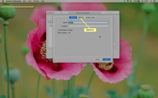 Картица Опције у поставкама Принтерс & Сцаннерс на Мац рачунару