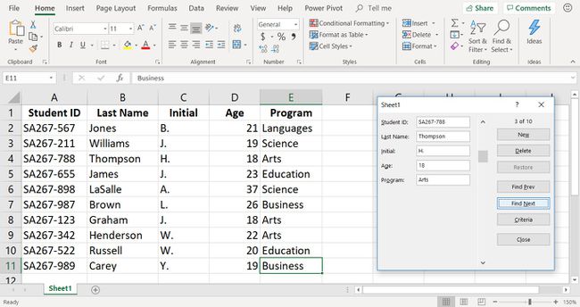 Zrzut ekranu formularza wprowadzania danych programu Excel używanego do wyszukiwania rekordów