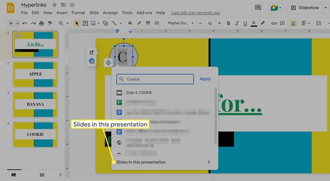 Slides nesta apresentação no Google Sheets adicionar menu de link