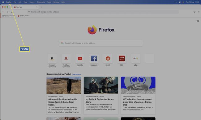 تم تمييز Firefox على Mac مع Firefox على شريط القوائم.