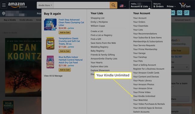 Menu tarik-turun Akun & Daftar dengan Kindle Unlimited Anda disorot