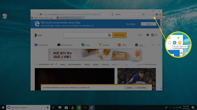 Herramientas Icono de engranaje en Internet Explorer Windows 10