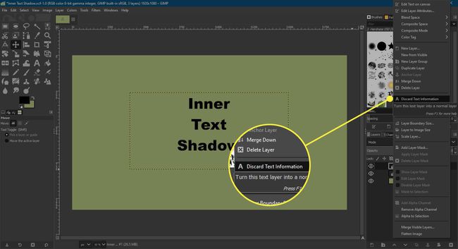 Ein Screenshot von GIMP mit dem hervorgehobenen Befehl " Textinformationen verwerfen"