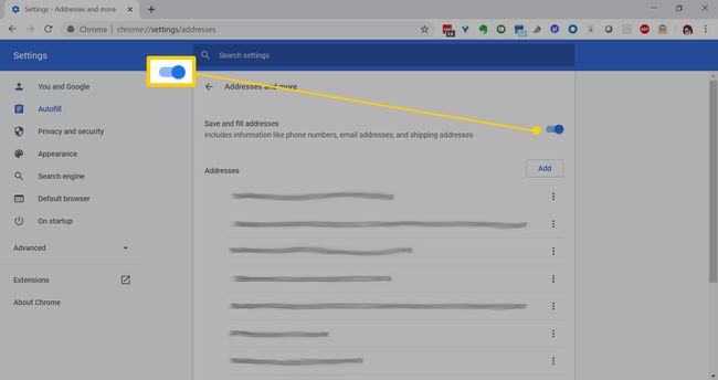 Alternar entre guardar y completar direcciones en Chrome.