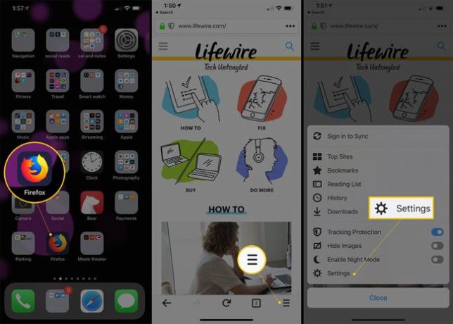 Tres pantallas de iOS que muestran el ícono de Firefox, el menú de hamburguesas y el botón de Configuración
