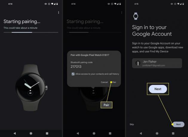 Google Pixel Watch iestatīšanas ekrāni savienošanai pārī ar Android tālruni