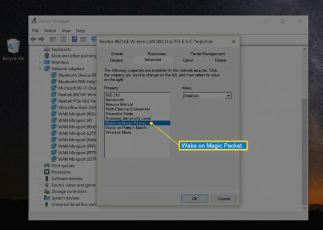 Wake on Magic Packet en la pestaña Avanzado del adaptador Wi-Fi en el Administrador de dispositivos