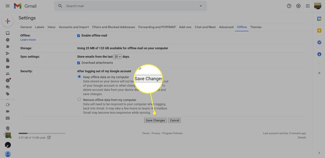 Configurações de e-mail off-line do Gmail com o botão Salvar alterações destacado