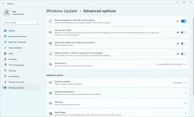 Windows 11 için Windows Update gelişmiş seçenekleri