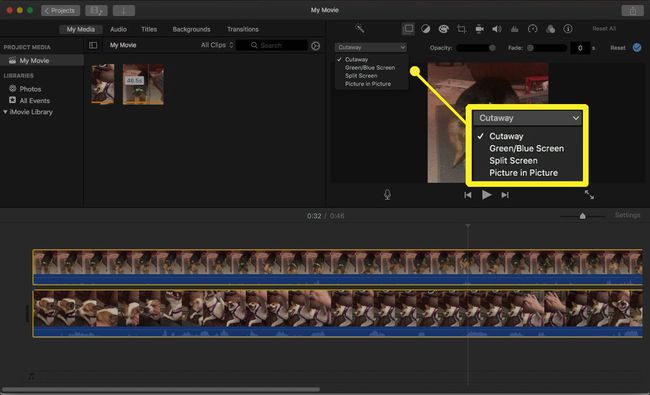 iMovie 10'da bindirme seçenekleri açılır menüsü