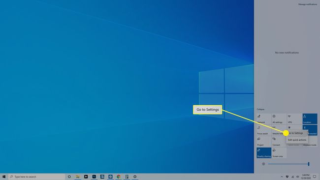 A Beállítások lehetőség a Bluetooth-kártyán a Windows Műveletközpontban.