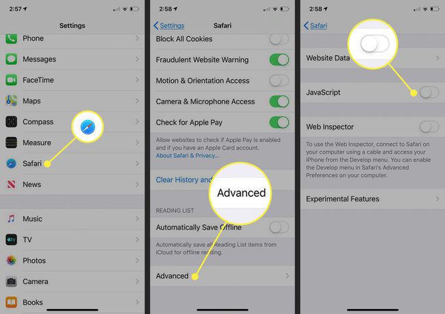 Capturas de pantalla de la configuración de iOS que muestran cómo desactivar la función JavaScript de Safari