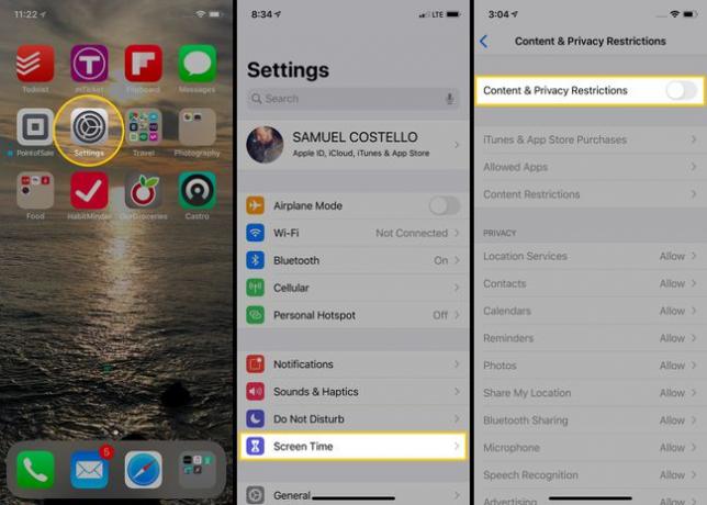 Zrzuty ekranu pokazujące, jak przejść do Ograniczeń dotyczących zawartości czasu przed ekranem i prywatności.