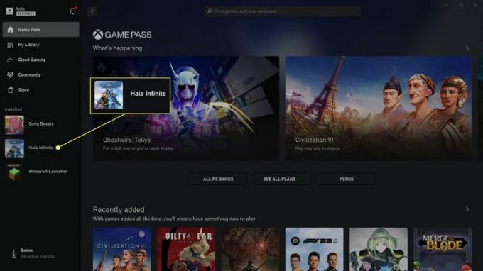 Spillet Halo Infinite er uthevet i listen over installerte spill i Xbox-appen.