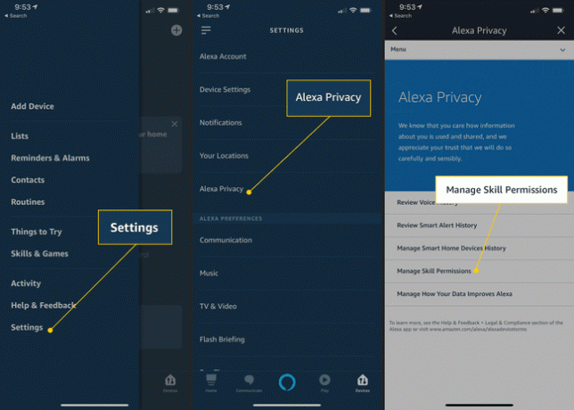 Tlačítka Nastavení, Soukromí Alexa, Spravovat oprávnění pro dovednosti v aplikaci Alexa na iOSa