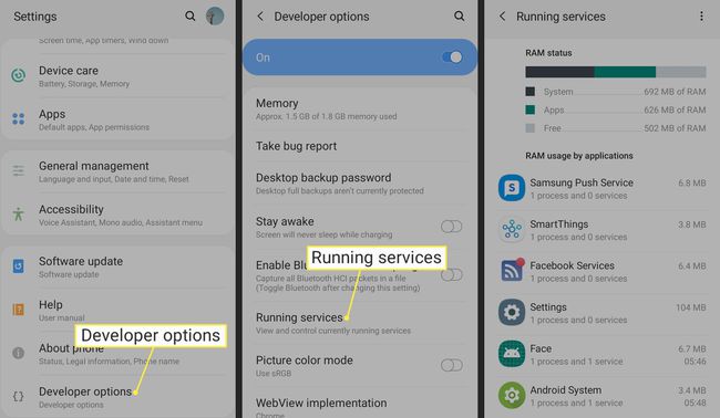 Opties voor ontwikkelaars en actieve services gemarkeerd in Android-instellingen