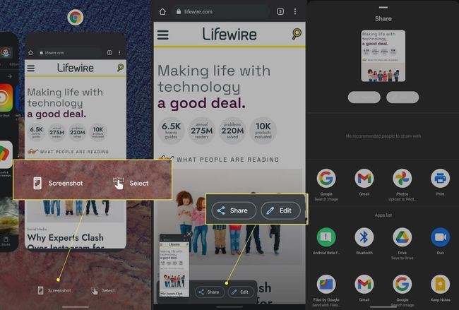 Stappen om een ​​screenshot te maken op Android 12 met de nadruk op de Screenshot-knop en Share-opties