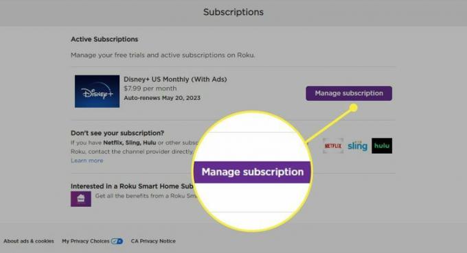 Roku のサイトで強調表示されている「サブスクリプションの管理」ボタン。