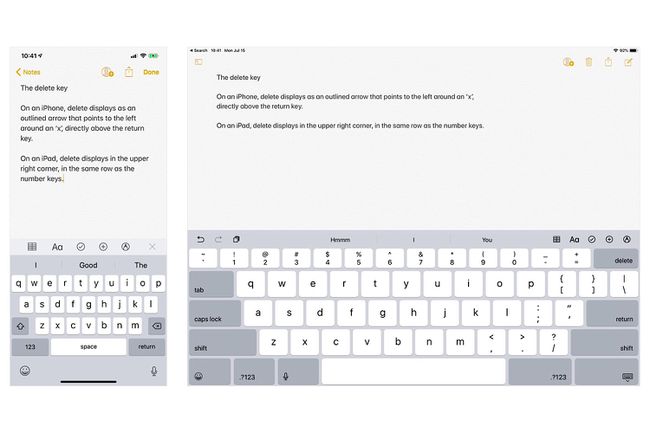 Notesアプリの2つのスクリーンショット:(左）iPhoneの場合はリターンの上の削除キー、（右）iPadの場合は右上の削除キー（数字キーと同じ行）