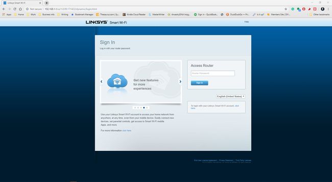 Una página web de inicio de sesión de Linksys para el enrutador.